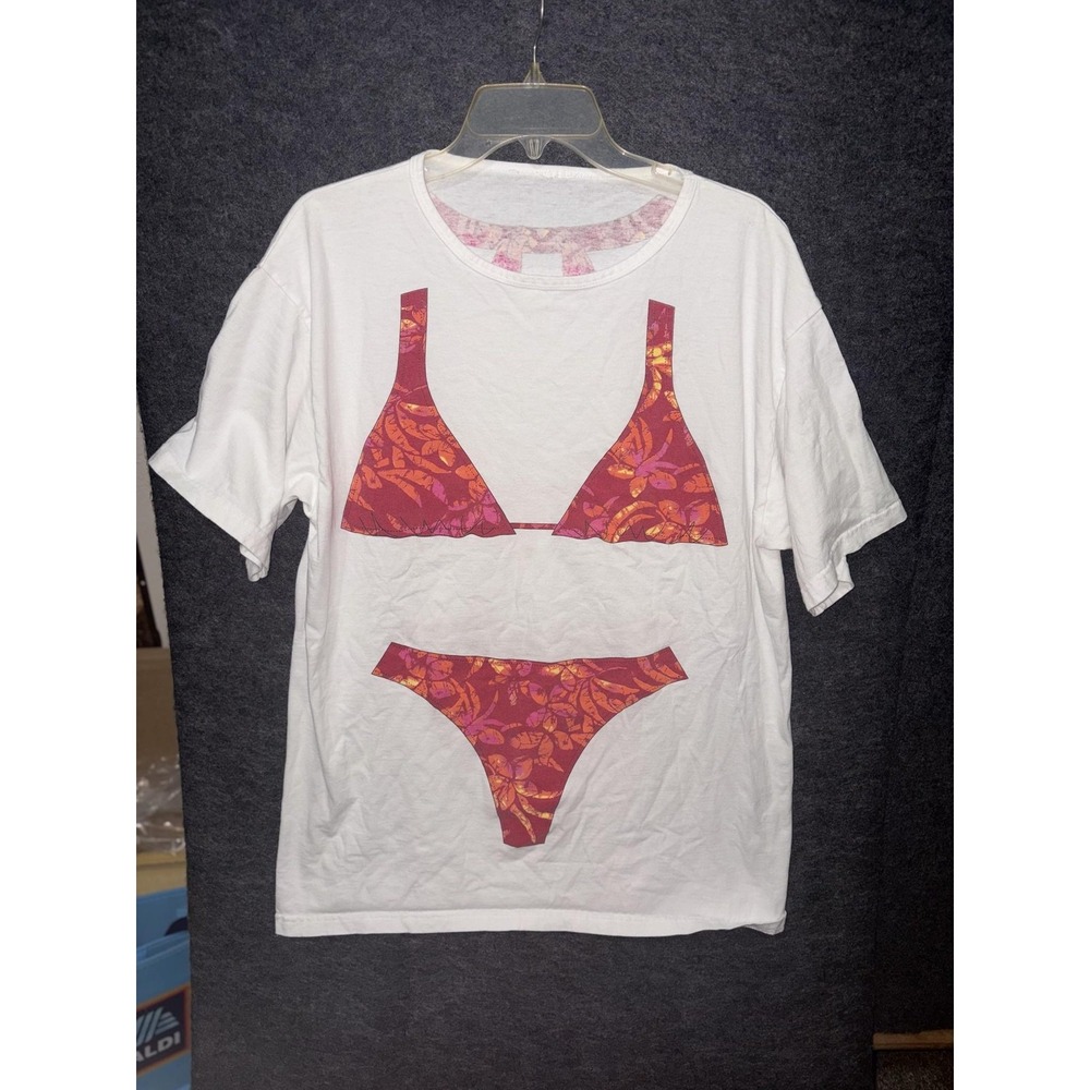 VTG Bikini Shirt Pink White Graphic Tropical Floral Beach Island Costume